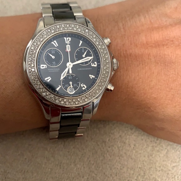 Michele Tahitian diamond watch with two-tone band.